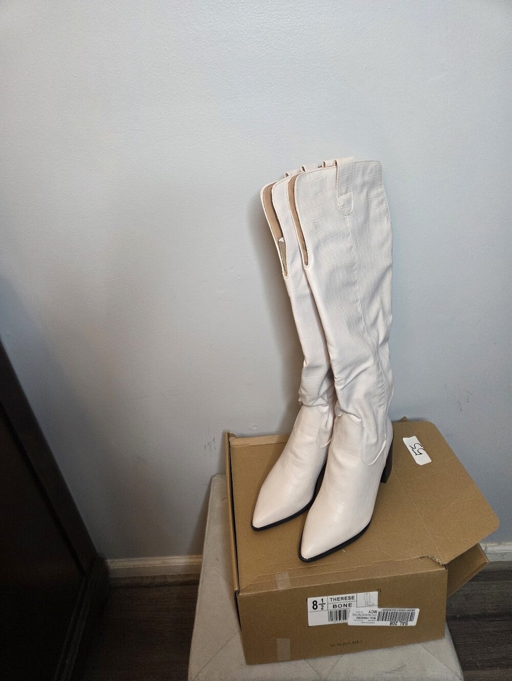 ournee Collection Therese knee-high boots in bone croc faux leather, 8.5 NIB